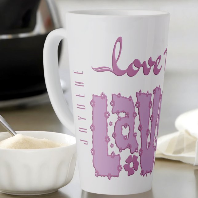Caneca De Café Latte Lavender Floral Chunky Text Slogan With Name (Customize it with any name printed vertically down the side for a unique, one-of-a-kind feel. )