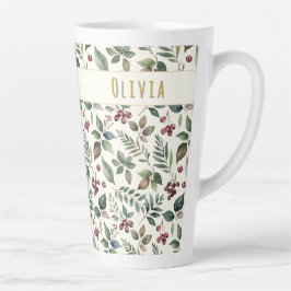 Caneca De Café Latte Leaves and Berries Rustic Winter Personalized