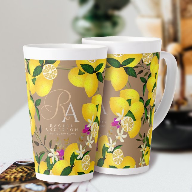 Caneca De Café Latte Lemon Monograma Brown (Lemon Monogram Brown Latte Mug. )
