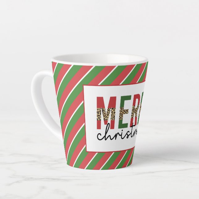 Caneca De Café Latte Leopardo do Natal Moderno Imprime Greve Verde Verm (Ângulo esquerdo)