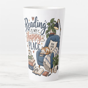 Caneca De Café Latte Ler É o Meu Lugar Feliz – Design de Amante de Livr