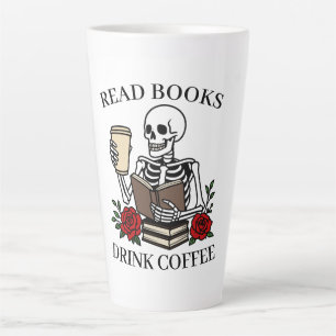 Caneca De Café Latte Ler Livros Beber Café Esqueleto Amante de Livros E