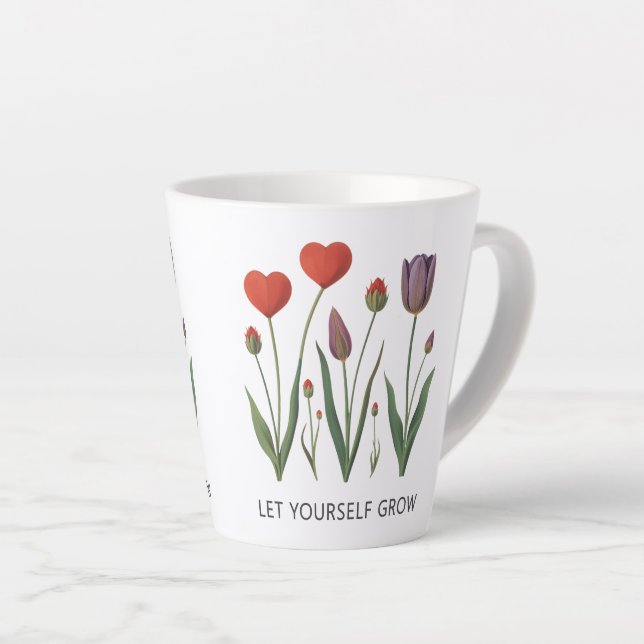 Caneca De Café Latte Let Yourself Grow Floral Heart Tulips Art (Ângulo direito)