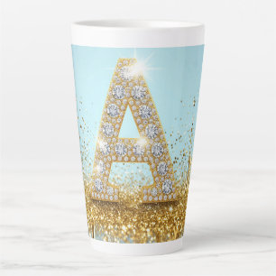 Caneca De Café Latte Letra A de Diamante de Luxo em Fundo de Brilho Dou
