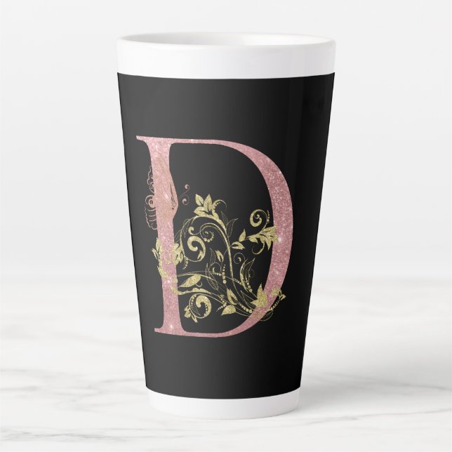 Caneca De Café Latte Letra D com brilho rosa sofisticada  (Frente)