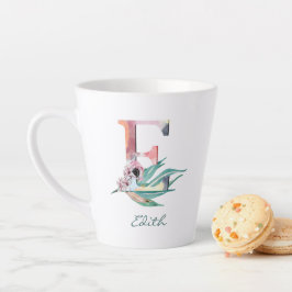 Caneca De Café Latte Letra E Floral Personalizada Monograma de Folhagem