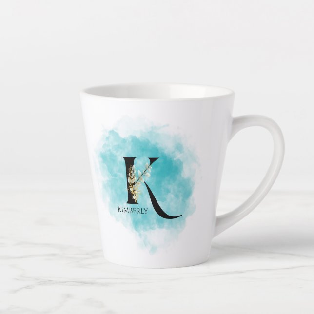 Caneca De Café Latte Letra Elegante Monograma K Flor Dourada Teal (Direita)