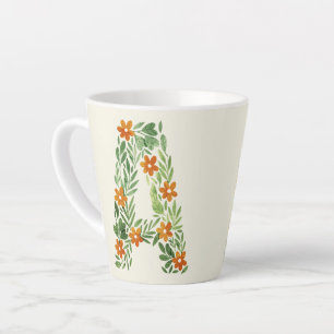 Caneca De Café Latte Letra Floral Personalizada A com Flores Laranja
