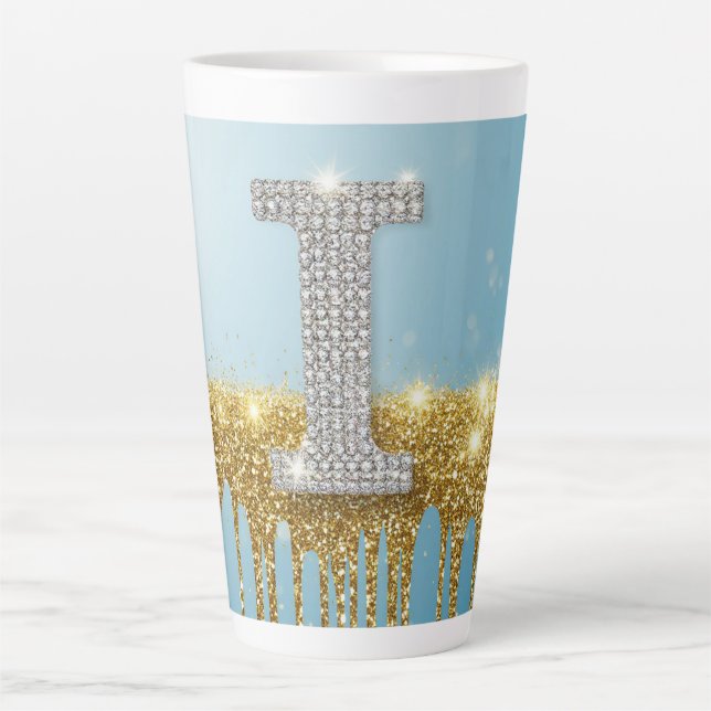Caneca De Café Latte Letra I de Luxo em Diamante sobre Fundo de Brilho  (Frente)