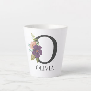 Caneca De Café Latte Letra Moderna Floral Personalizável Monograma O