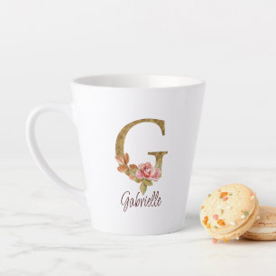 Caneca De Café Latte Letra Personalizada G Dourado Folha Rosa Bege Rosa