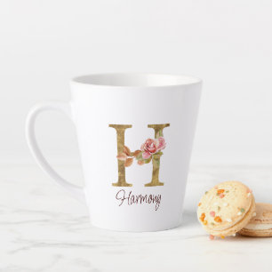 Caneca De Café Latte Letra Personalizada H Folha Dourada Rosas Rosa Des