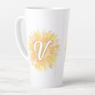 Caneca De Café Latte Letra V Girassol Primeiro Nome Monograma Inicial