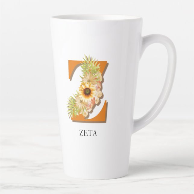 Caneca De Café Latte Letra Z Monograma Floral de Girassol com Nome (Direita)