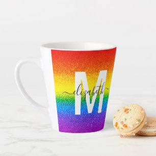 Caneca De Café Latte LGBT Pride Rainbow Glitter Stripes Nome do Monogra