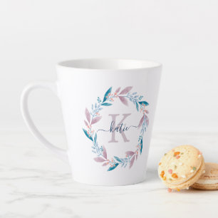 Caneca De Café Latte Lilac Watercolor Floral Monograma