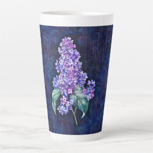 Caneca De Café Latte Lilás Roxo sobre Fundo Decorativo Azul Marinho