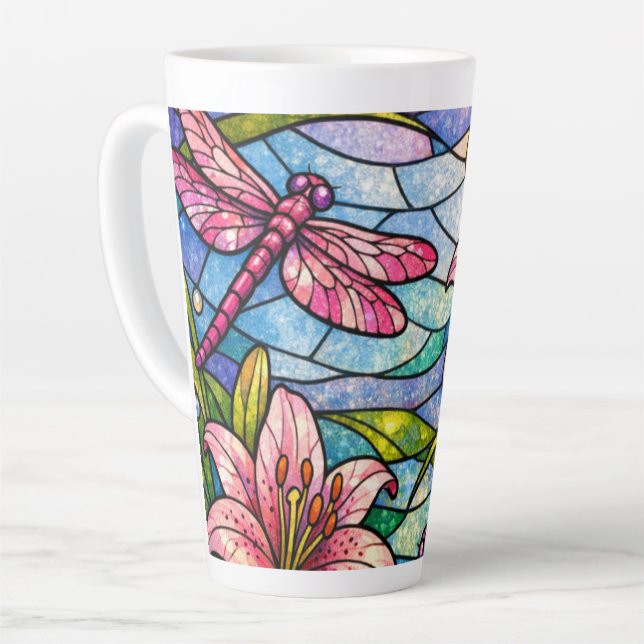 Caneca De Café Latte Lilases e Libélulas Rosa em Vidro Fosco (Ângulo esquerdo)