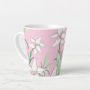 Caneca De Café Latte Lillies Brancos na Ilustração de Fundo Rosa