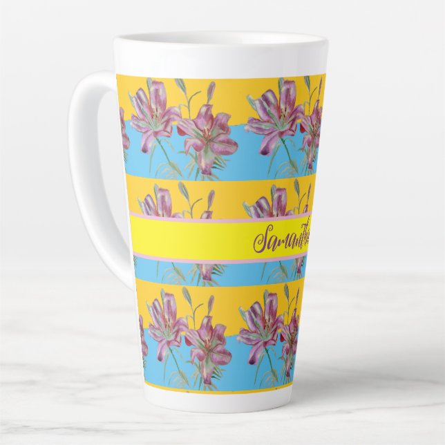 Caneca De Café Latte Lily Watercolor Rosa Pintura Raparigas Arte Floral (Ângulo esquerdo)
