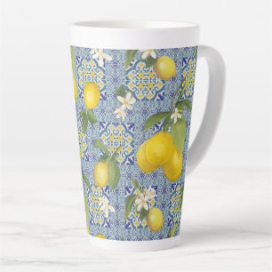 Caneca De Café Latte Limão Citrus Floral Blue n White Vintage Farmhouse