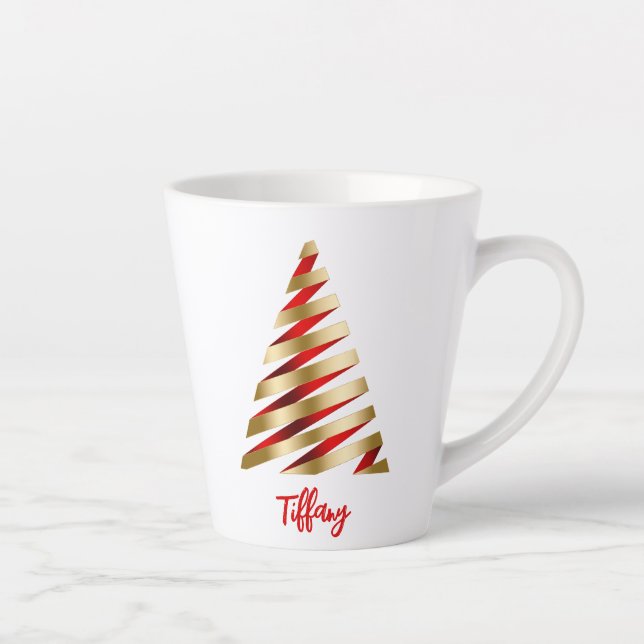 Caneca De Café Latte Linda árvore de Natal Vermelha e Dourada (Direita)