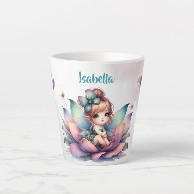 Caneca De Café Latte Linda fada sentada dentro da flor (Frente)