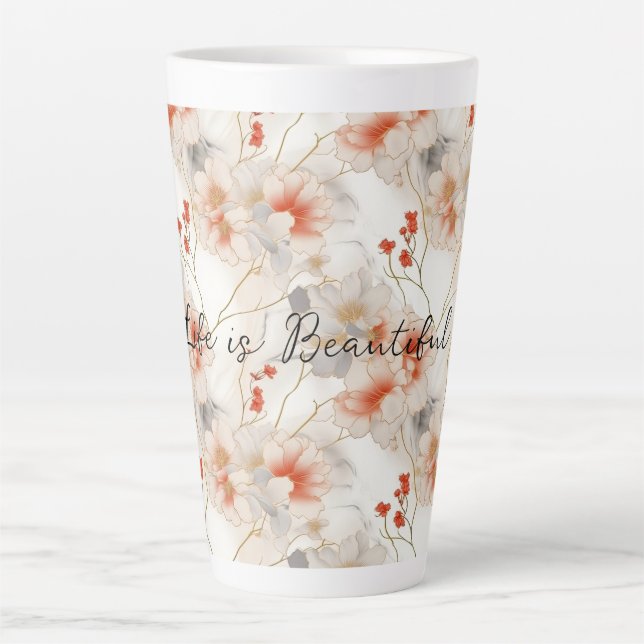 Caneca De Café Latte Linda Feminina Pêssego Vermelho Branco Floral (Frente)