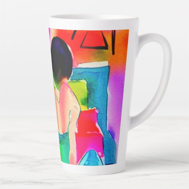 Caneca De Café Latte Linda Mulher de Aquarela (Direita)
