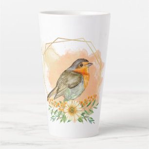 Caneca De Café Latte Linda Robin e Flores Silvestres em Aquarela