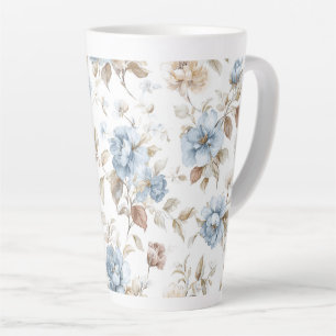 Caneca De Café Latte Lindas Flores Azuis Creme Bege Marrom