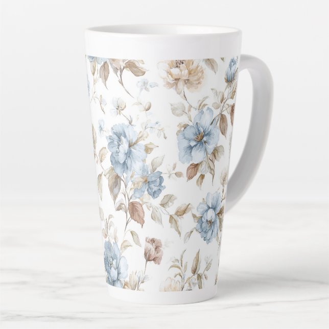 Caneca De Café Latte Lindas Flores Azuis Creme Bege Marrom (Ângulo direito)