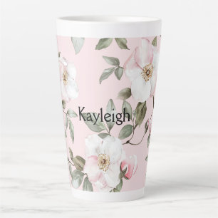 Caneca De Café Latte Lindas Flores Rosa Bege Branco 