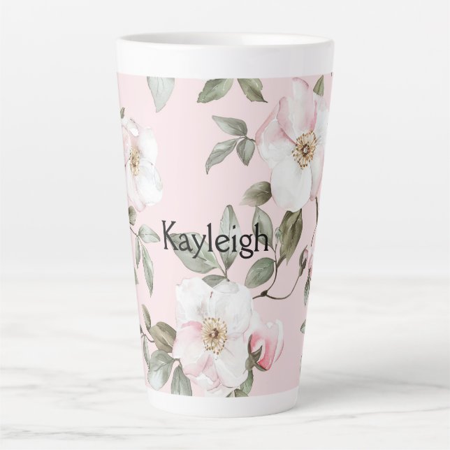 Caneca De Café Latte Lindas Flores Rosa Bege Branco  (Frente)