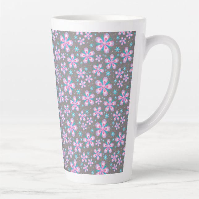 Caneca De Café Latte Lindo Floral Rosa e Cinza (Direita)