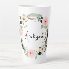 Caneca De Café Latte Lindo nome Floral Wreath Monograma