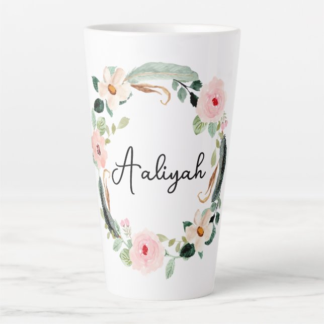 Caneca De Café Latte Lindo nome Floral Wreath Monograma (Frente)