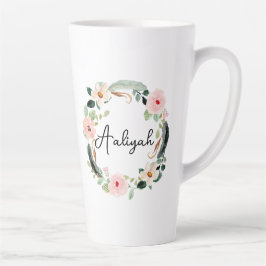 Caneca De Café Latte Lindo nome Floral Wreath Monograma