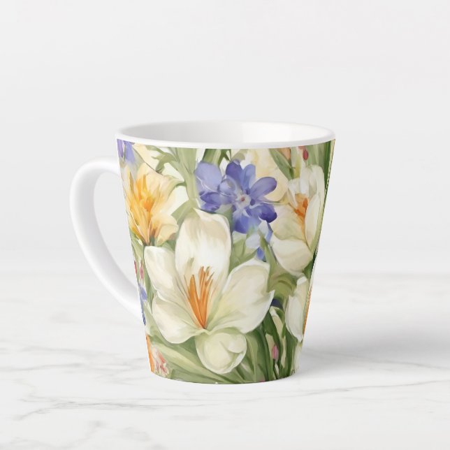 Caneca De Café Latte Lindos Crocos Brancos, С Aromáticas Flores de prim (Ângulo esquerdo)