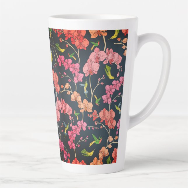 Caneca De Café Latte Lindos padrões de aves e orquídeas (Direita)