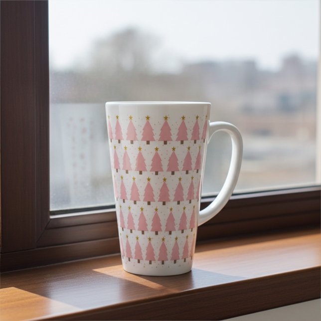 Caneca De Café Latte Linhas de Árvores de Natal Rosa Elegante, Estrelas (Criador carregado)