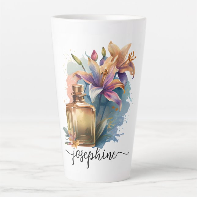 Caneca De Café Latte Lírios Florais Personalizados De Aquarelas (Frente)