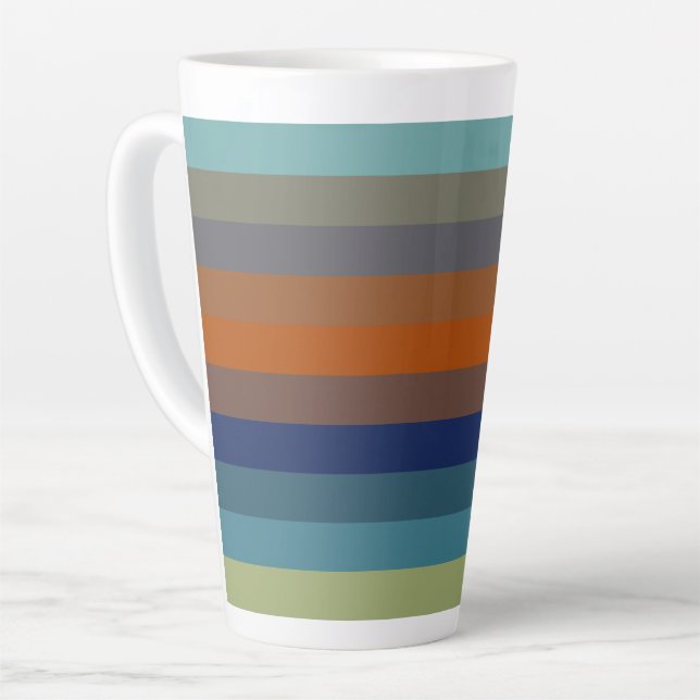Caneca De Café Latte Listras azuis, laranja, verdes e cinzas (Ângulo esquerdo)