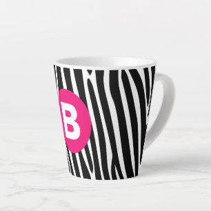 Caneca De Café Latte Listras Clássicas de Zebra Monograma Rosa Vibrante
