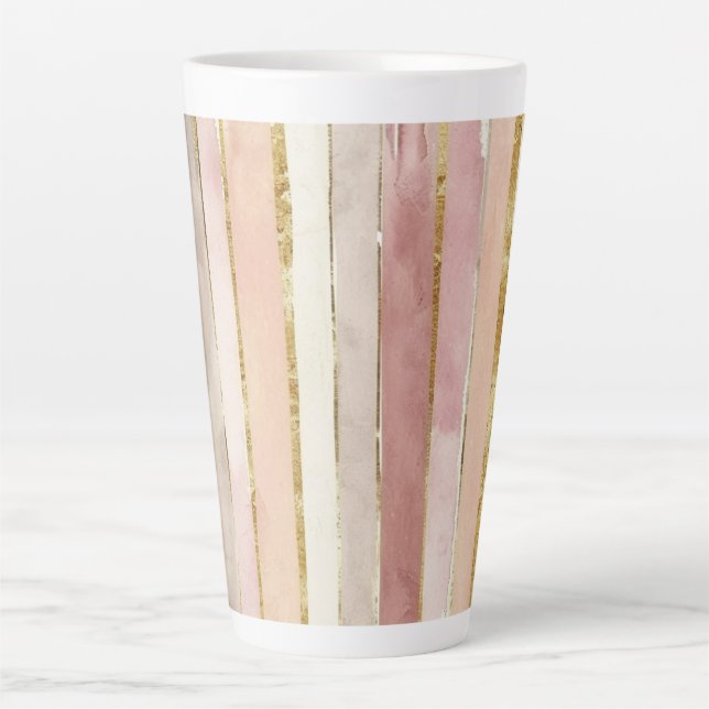 Caneca De Café Latte Listras de Rosa Creme Dourado Rosado (Frente)
