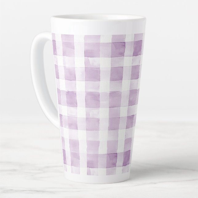Caneca De Café Latte Listras de Xadrez Branco Roxo (Ângulo esquerdo)