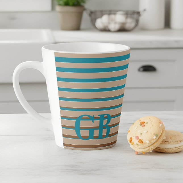 Caneca De Café Latte Listras Legais Marrom e Azul Monogramadas (blue and brown stripes with monogram mug)