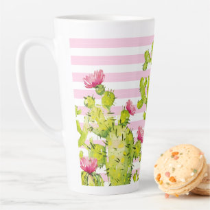 Caneca De Café Latte Listras Rosas com Cacto de Pera Espinhosa Aquarela
