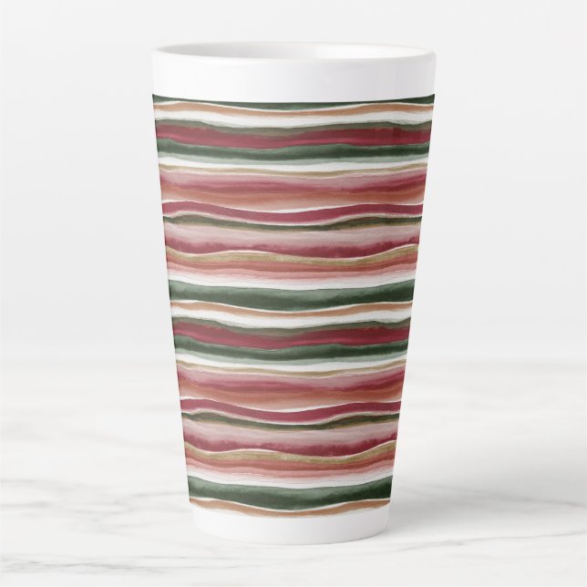 Caneca De Café Latte Listras Vermelhas Verde Rubor Branco Dourado (Frente)