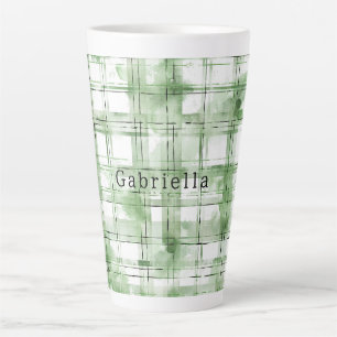 Caneca De Café Latte Listras Xadrez Verde Branco